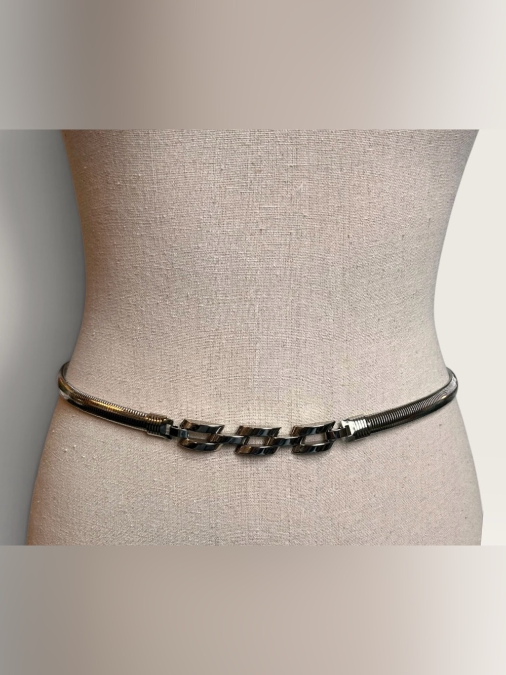 Vintage Silver Tone Coil Metal Chain Belt, Geometric Interlocking Links